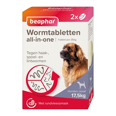 BEAPHAR Wormtablet All-In-One Hond 17,5–70 kg 2 tabletten - Spoel-, haak- & lintwormen - Praziquantel/Pyrantel/Febantel