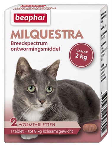 BEAPHAR Milquestra Kat Ontworming Breedspectrum tegen lint-, spoel- & haakwormen en hartwormpreventie - Rundvleessmaak - 2 tbl