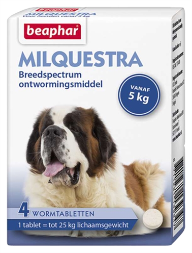 BEAPHAR Ontwormingsmiddel MILQUESTRA HOND Breedspectrum tegen lint-, spoel- & hartworm - Rundvleessmaak - 4 tbl (5-25 kg/1 tbl)