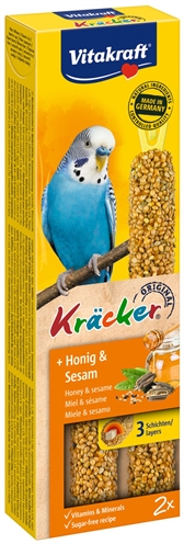 VITAKRAFT Parkiet Kracker Honing 3x gebakken houtstokje, vitamines & mineralen, ophangclip - natuur - 2 stuks