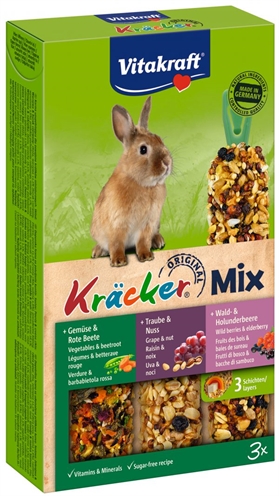 VITAKRAFT Dwerkonijn Kracker Noot/Bosvruchten/Groente 3x gebakken houten stokje tanden slijten & mineralen - Naturel - 3 stuks