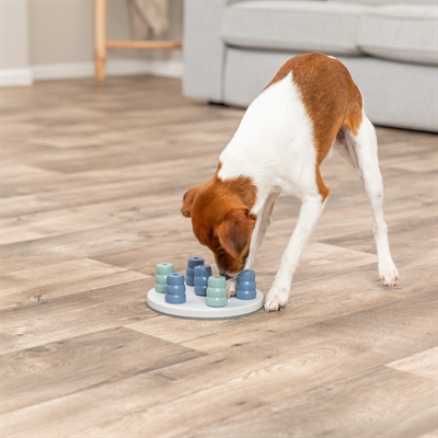 TRIXIE Dog Activity Mini Solitaire Hondenspel - 7 opneembare kegels | Trainingsboekje - Grijs/Blauw/Saliegroen - 20x20x6 cm