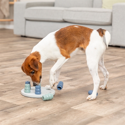 TRIXIE Dog Activity Mini Solitaire Hondenspel - 7 opneembare kegels | Trainingsboekje - Grijs/Blauw/Saliegroen - 20x20x6 cm