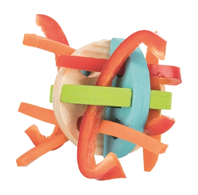 TRIXIE Speel- en snackbal Hout Snackvulbaar, 100% natuurlijk, gebitvriendelijk - Blauw/Groen/Rood/Geel - 8 cm