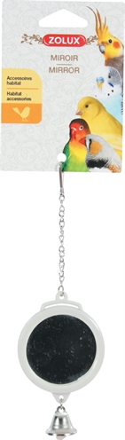 ZOLUX Spiegel rond met bel Assorti – plastic speeltje, bevestiging met ijzeren ketting - olijfgroen/grijs/wit - 5,5x1x16,5 cm