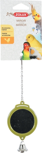 ZOLUX Spiegel rond met bel Assorti – plastic speeltje, bevestiging met ijzeren ketting - olijfgroen/grijs/wit - 5,5x1x16,5 cm
