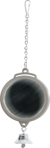 ZOLUX Spiegel rond met bel Assorti – plastic speeltje, bevestiging met ijzeren ketting - olijfgroen/grijs/wit - 5,5x1x16,5 cm