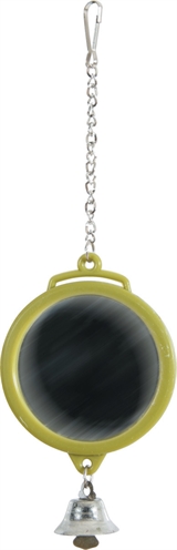 ZOLUX Spiegel rond met bel Assorti – plastic speeltje, bevestiging met ijzeren ketting - olijfgroen/grijs/wit - 5,5x1x16,5 cm