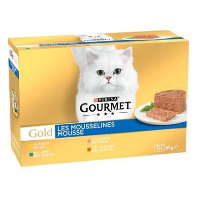 GOURMET Kattenvoer Gold Fijne Mousse - Volledige voeding, 4 smaken (kip, zalm, ni
