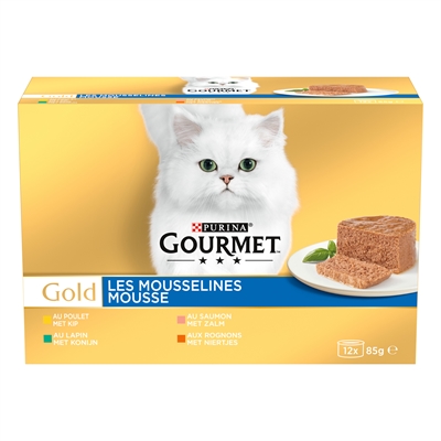GOURMET Kattenvoer Gold Fijne Mousse - Volledige voeding, 4 smaken (kip, zalm, ni