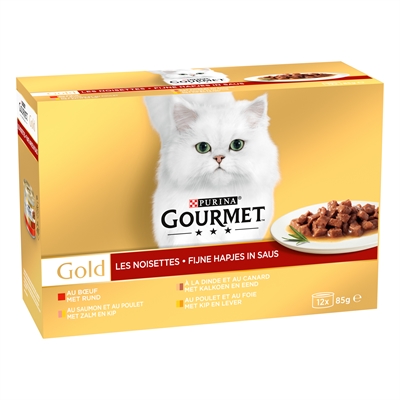 GOURMET Natvoer voor volwassen katten GOLD Fijne hapjes Variatie smaken, malse stukjes in saus - 12x85g