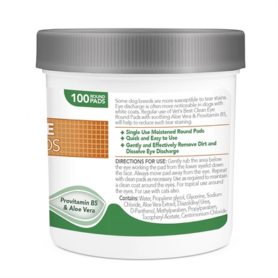 VETS BEST Clean Eye Round Pads Oogreinigingsdoekjes - verwijdert traansporen, mild & gebruiksklaar - 100 st