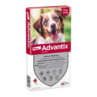 ELANCO Vlooien- en tekenmiddel ADVANTIX SPOT ON Doodt vlooien, teken en luizen binnen 24u; beschermt tegen muggen & zandvliegen - 10–25 kg - 4x2,5 ml