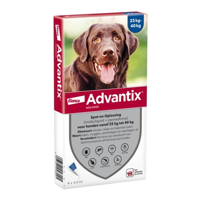 ELANCO Advantix Spot On 400 Doodt vlooien, teken en luizen binnen 24u, beschermt tegen muggen & zandvliegen - 25-40 kg - 4 pipetten