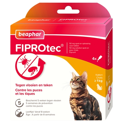 BEAPHAR Spot-on Fiprotec Kat 3+1 Pipet - 5 weken bescherming tegen vlooien, doodt teken -