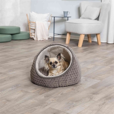 TRIXIE Kattenmand Iglo Livia knus velours met wendbaar kussen en anti-slip - Grijs/Crème - 55x55x45 cm