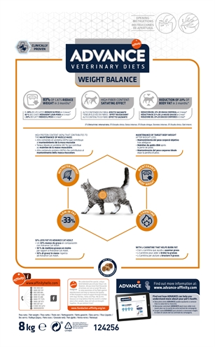 ADVANCE VETERINARY DIET Dieetvoer Cat Weight Balance L-carnitine laag vet, vezelrijk, hoog eiwit - Naturel - 8 kg