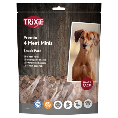 TRIXIE Premio Vlees Minis Beloningssnoepjes Extra klein, 4 smaken (kip/eend/rund/lam), glutenvrij - 4x100 g