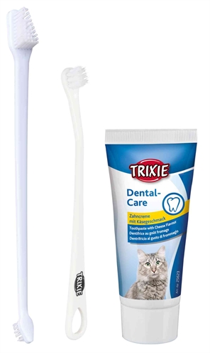 TRIXIE Gebitsverzorgingsset Kat Kaas-tandpasta & 2 borstels (3 koppen) voorkomt tandplak - Multi - 50 g