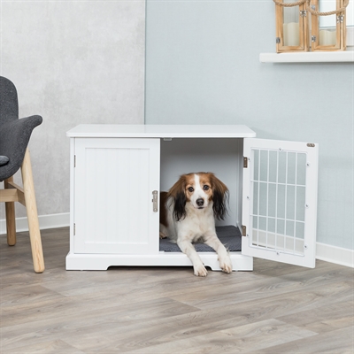 TRIXIE Bench Home Kennel hondenbench witgelakt MDF met traliedeur en schuifje, inclusief schapenvachtmat - Wit - 73x53x53 cm