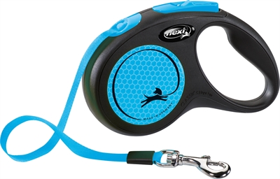 FLEXI Rollijn New Classic Neon Tape Platte rolband 5 m met retractie, reflecterend - Zwart/Neonblauw - S / tot 15 kg