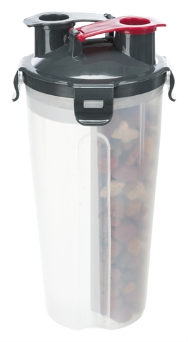 TRIXIE Water- & voerfles Reisbakmodel Gescheiden kamers en siliconen uitvouwbak met karabijnhaak - Transparant - 2x350 ml 11x11x