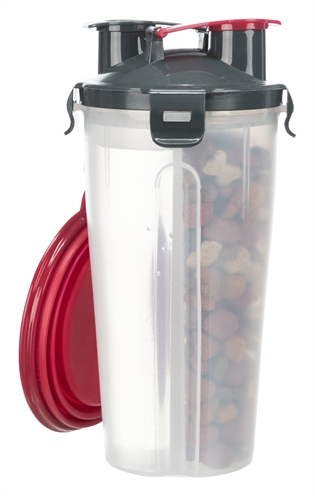 TRIXIE Water- & voerfles Reisbakmodel Gescheiden kamers en siliconen uitvouwbak met karabijnhaak - Transparant - 2x350 ml 11x11x