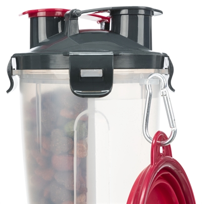 TRIXIE Water- & voerfles Reisbakmodel Gescheiden kamers en siliconen uitvouwbak met karabijnhaak - Transparant - 2x350 ml 11x11x