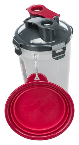TRIXIE Water- & voerfles Reisbakmodel Gescheiden kamers en siliconen uitvouwbak met karabijnhaak - Transparant - 2x350 ml 11x11x