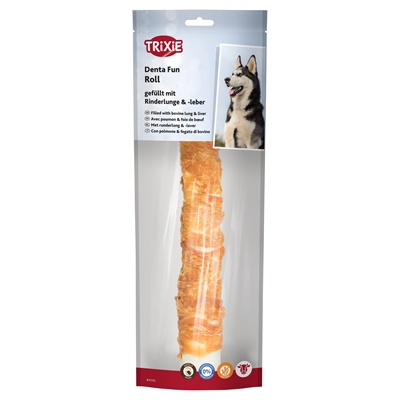 TRIXIE Kauwrol Denta Fun Filled Chicken Chewing Roll Driedelige kip-omwikkelde runderhuid gevuld met runderlever & long - naturel - 28 cm 150 g