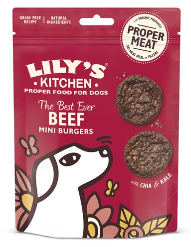 LILY'S KITCHEN Hondensnack Dog The Best Ever Beef Mini Burgers 80% rundvlees, graanvrij, met chia & boerenkool - 70 g