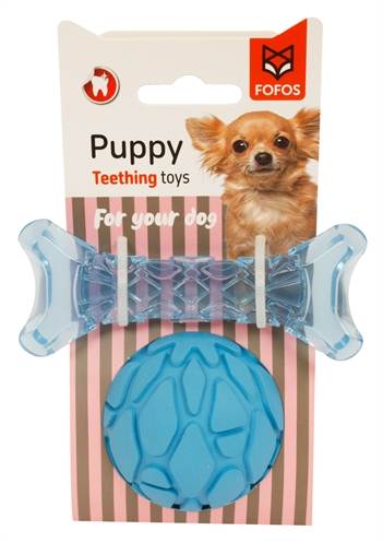 FOFOS Puppy kauwspeelset Bot & Bal - Speciale structuur verzacht wisselen en onderhoudt gebit - Blauw - 11x4,5x2 / 7x7x7 cm