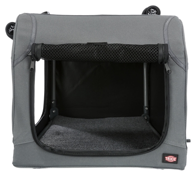 TRIXIE Soft Kennel Easy Reisbench - Stevig stalen frame, 3-zijdig open, met schapenvachtmat - Grijs - 71x51x49 cm