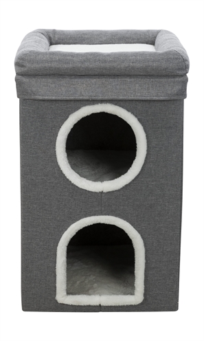 TRIXIE Krabpaal Cat Tower Saul Robuuste vierkante krabton met 2 schuilplaatsen en gevoerde ligplateaus - Grijs - 39x39x64 cm