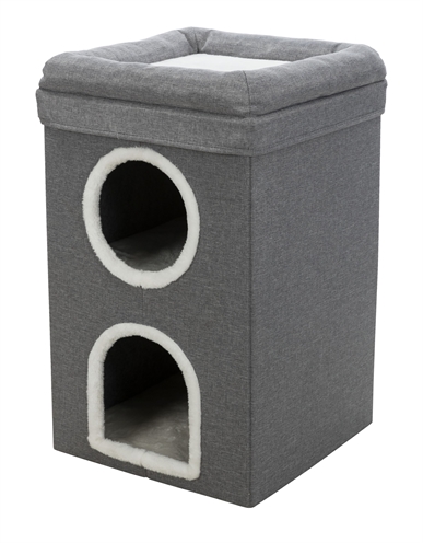 TRIXIE Krabpaal Cat Tower Saul Robuuste vierkante krabton met 2 schuilplaatsen en gevoerde ligplateaus - Grijs - 39x39x64 cm