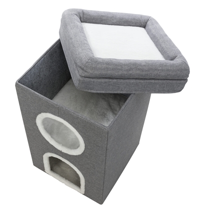 TRIXIE Krabpaal Cat Tower Saul Robuuste vierkante krabton met 2 schuilplaatsen en gevoerde ligplateaus - Grijs - 39x39x64 cm