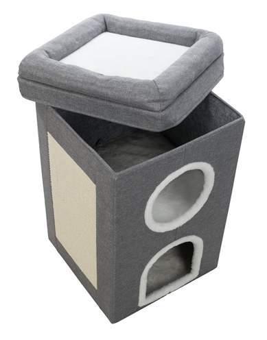 TRIXIE Krabpaal Cat Tower Saul Robuuste vierkante krabton met 2 schuilplaatsen en gevoerde ligplateaus - Grijs - 39x39x64 cm