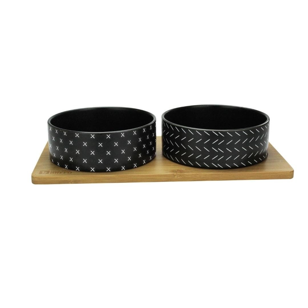 BeOneBreed hondenvoerbak Ceramic & Bamboo Duo Bowl 25×15 cm – zwart
