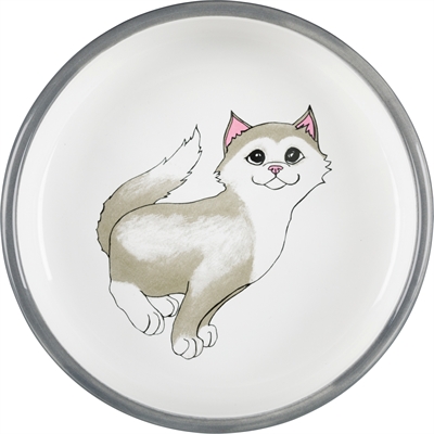 TRIXIE VOERBAK / WATERBAK PLAT KAT / POTEN KERAMIEK GRIJS / WIT