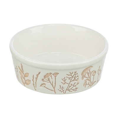 TRIXIE VOERBAK / DRINKBAK HOND PLANTMOTIEF STRUCTUUR KERAMIEK WIT / TAUPE