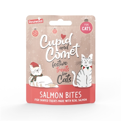 CUPID & COMET Kerstsok Kerstdiner Kat - 3 snacks (zalm, kalkoen, kaas) + 2 catnip speeltjes - Rood - 120g