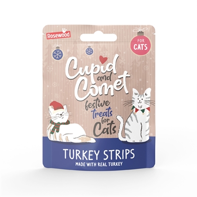 CUPID & COMET Kerstsok Kerstdiner Kat - 3 snacks (zalm, kalkoen, kaas) + 2 catnip speeltjes - Rood - 120g
