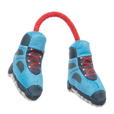 BARK Alpen Zwei Bergschuhe Plüsch-Hundespielzeug mit stabilem T‑Shirt-Flostau, 2 Quietscher, weiche Füllung - Blau - 30x21x7 cm / bis 10 kg