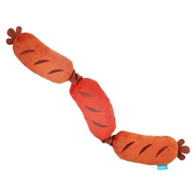 BARK Plüsch-Spielkette Lickin' Links Drei Würste - Quietsch- & Knister, Bungee-Stretch - Braun - 58x7x5 cm / 10-20 kg