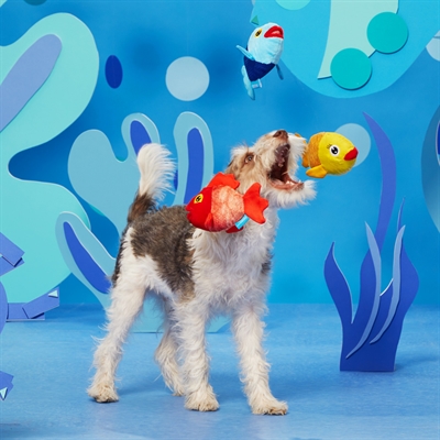 BARK Plüsch-Hundespielzeug THE GROUPERS DREI FISCHE 3-in-1-Set mit Quietschern und Knisper - Rot/Blau/Gelb - 23x22x8 cm / bis 10 kg
