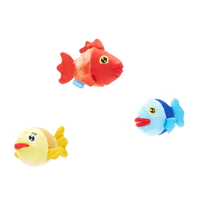 BARK Plüsch-Hundespielzeug THE GROUPERS DREI FISCHE 3-in-1-Set mit Quietschern und Knisper - Rot/Blau/Gelb - 23x22x8 cm / bis 10 kg