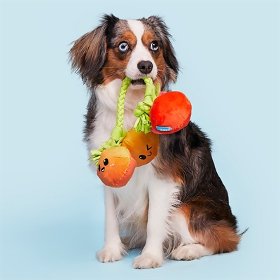 BARK Hundespielzeug HAIRLOOM Tomaten an T-Shirt-Seil Plüsch-Seil zum Ziehen, 4 Quietscher, zum Kauen geeignet - Rot - 31x9x6 cm / bis 20 kg