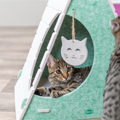 TRIXIE KATTENMAND SPEELBOX LUCY DRIEHOEKIG VILT ZAND / GROEN
