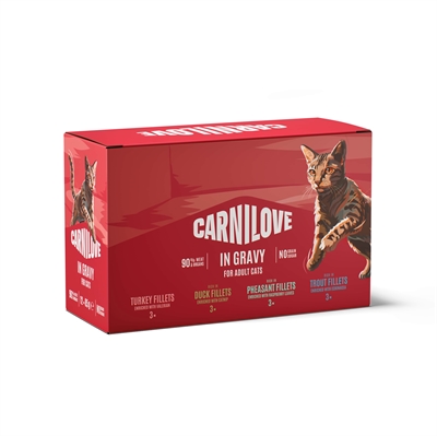 Carnilove Pouch Multipack in gravy Adult filets in jus kalkoen eend fazant forel kattenvoer nat 12x85 g