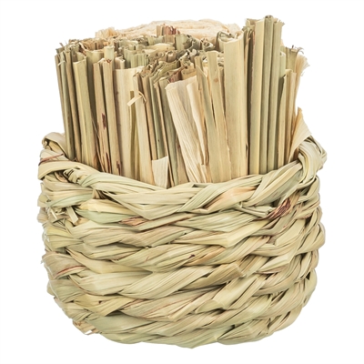 TRIXIE Mand Gras Met Hooi & Maïsbladeren - 100% natuurlijke knaag- en speelmix met houten stokjes - Naturel - 9x9x9 cm